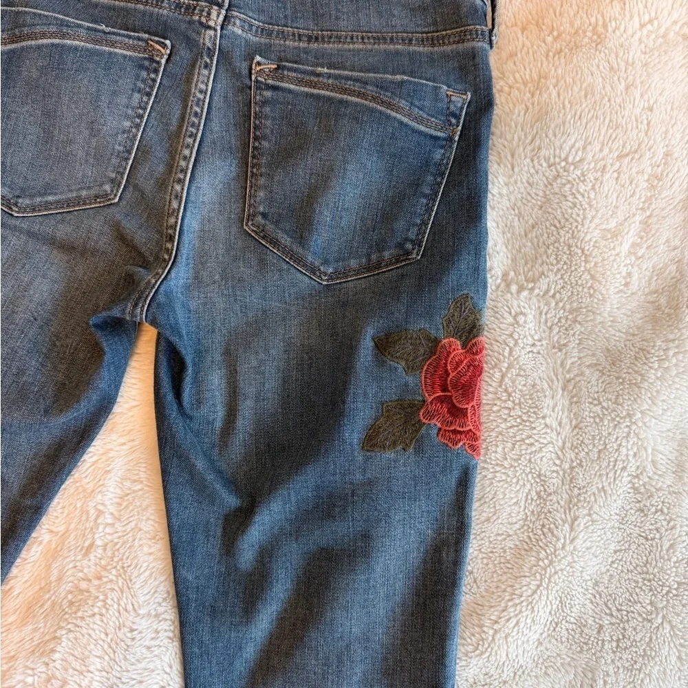 Express Women's Skinny Jeans - Blue with Red and Green Floral Embroidery